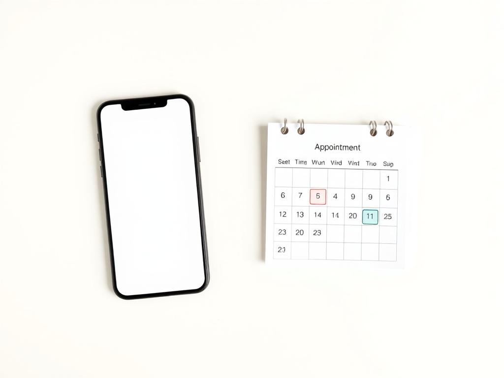 A clean, minimalist image of a smartphone and a calendar on a light background, symbolizing the scheduling of an appointment.