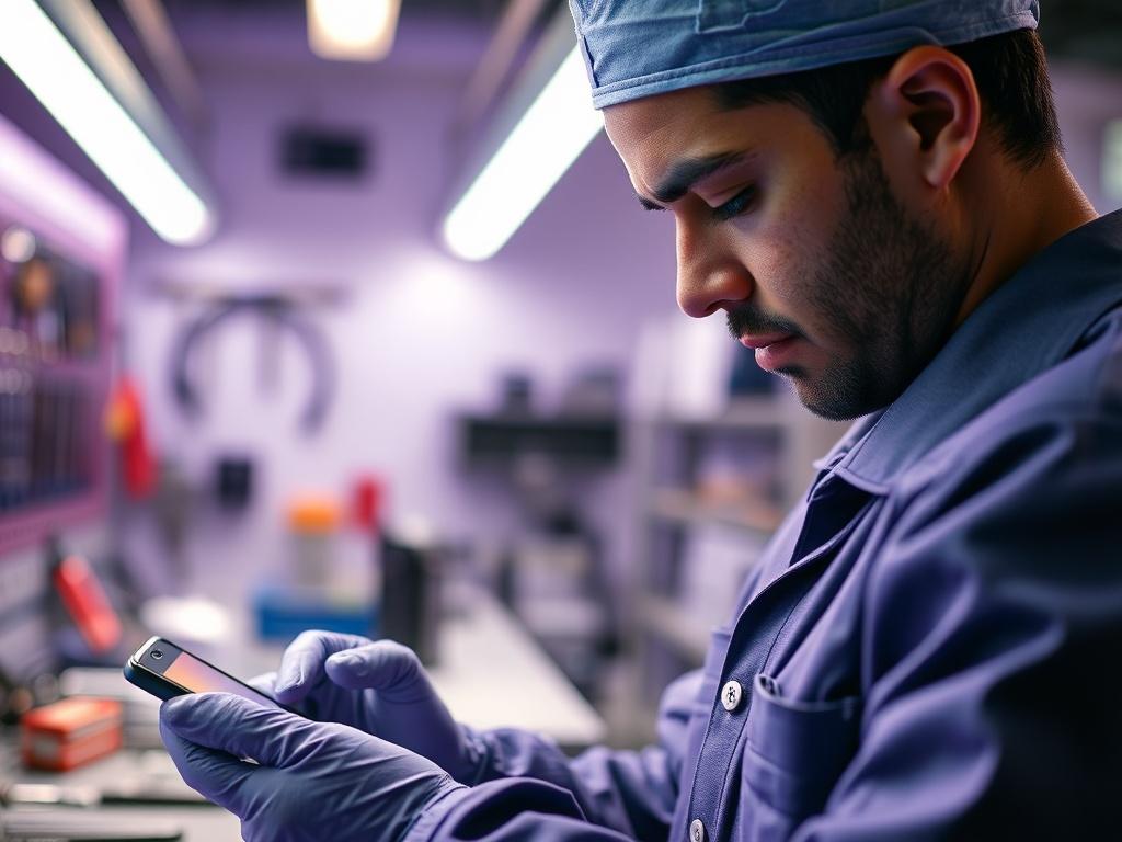 A close-up shot of a technician in a modern repair workshop, with a focus on their hands carefully working on a smartphone. The background is well-lit and organized, showcasing tools and technology. The technician is wearing a professional uniform and has a focused expression, reflecting dedication and expertise. The overall color palette is blue electric and purple, emphasizing a minimalist and modern aesthetic.