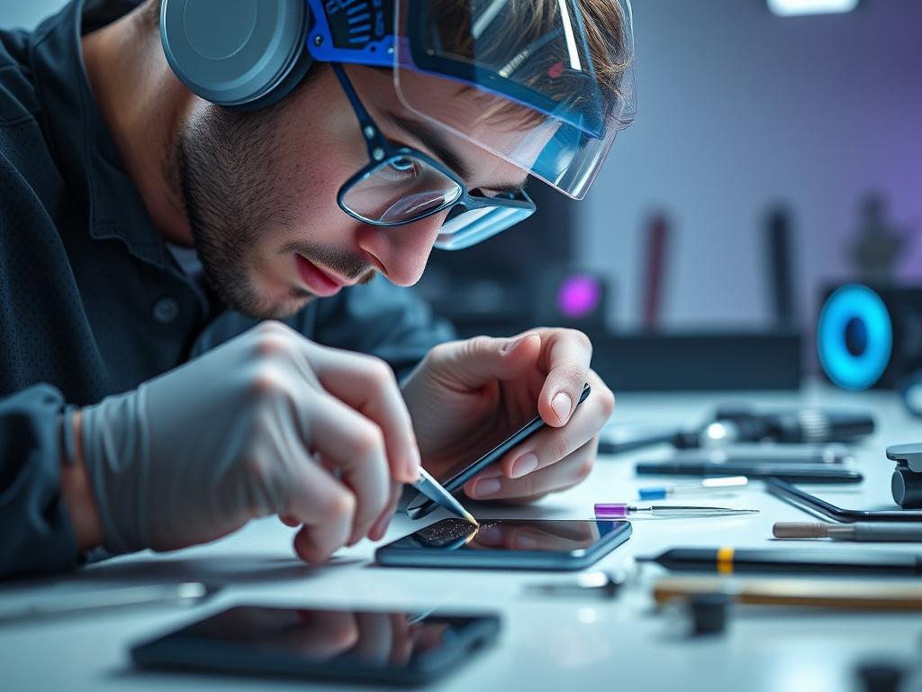 A close-up shot of a technician carefully repairing a smartphone, with focused eyes and precision in hands, surrounded by tools on a clean workstation. The background should be minimalistic and modern, reflecting a professional tech environment. Use a soft-focus effect to emphasize the technician and the device. The color palette should include electric blue and purple accents, creating a sense of trust and quality.