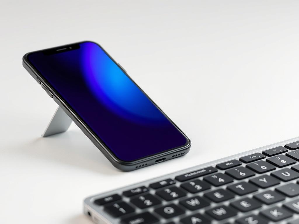 Realistic high-resolution photo of a smartphone screen replacement and a laptop keyboard replacement side by side on a minimalistic, clean surface. The background is softly blurred to emphasize the products. The smartphone screen should be in pristine condition, reflecting a vibrant blue and purple color scheme, while the laptop keyboard should have a sleek, modern design. The lighting should be bright and focused on the products, highlighting their quality and attention to detail.