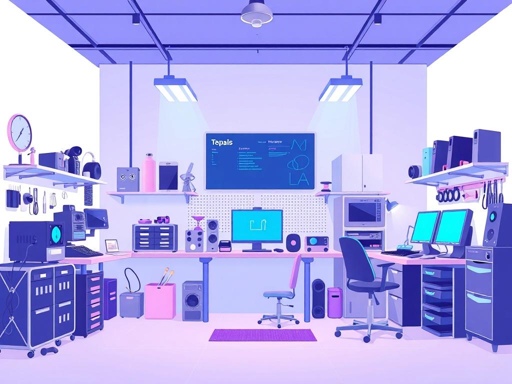 A modern and minimalistic technology repair workshop interior, featuring sleek, clean lines and a calming atmosphere. The focus is on a well-organized repair station with tools and devices neatly arranged. The color scheme includes electric blue and purple accents to convey a sense of trust and professionalism. The background is simple and uncluttered, emphasizing the modern design and creating a welcoming environment for clients.
