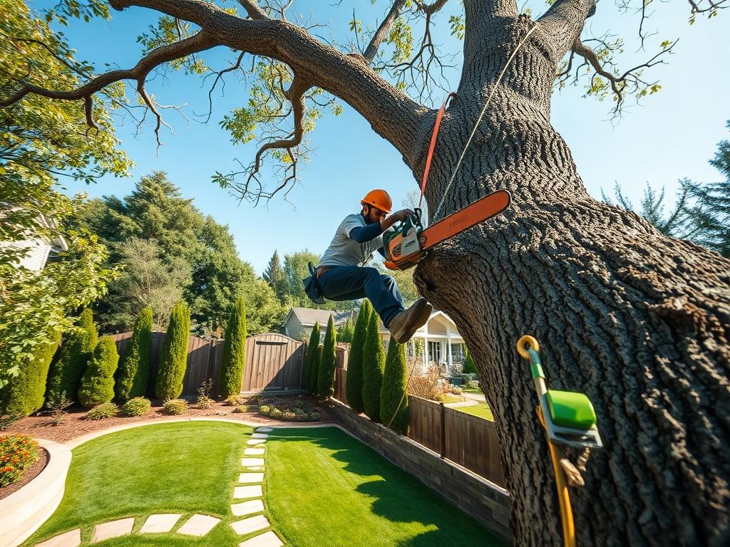 A skilled arborist carefully removing a large tree from a backyard. The image shows the arborist perched on a tree branch, using a chainsaw to cut through the trunk. In the background, a neatly landscaped yard can be seen, emphasizing the care taken to protect the surroundings. The focus is on the arborist's attention to detail and expertise, with clear blue skies overhead and vibrant greenery surrounding the scene.