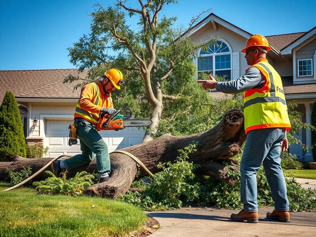 A professional tree service crew responding to an emergency situation. The scene shows two workers in safety gear removing a fallen tree from a residential driveway. The background features a suburban house and a clear blue sky. One worker is operating a chainsaw while the other is directing traffic around the area. The focus is on the action of the tree removal, showcasing the urgency and professionalism of the service, with bright colors highlighting the safety gear.