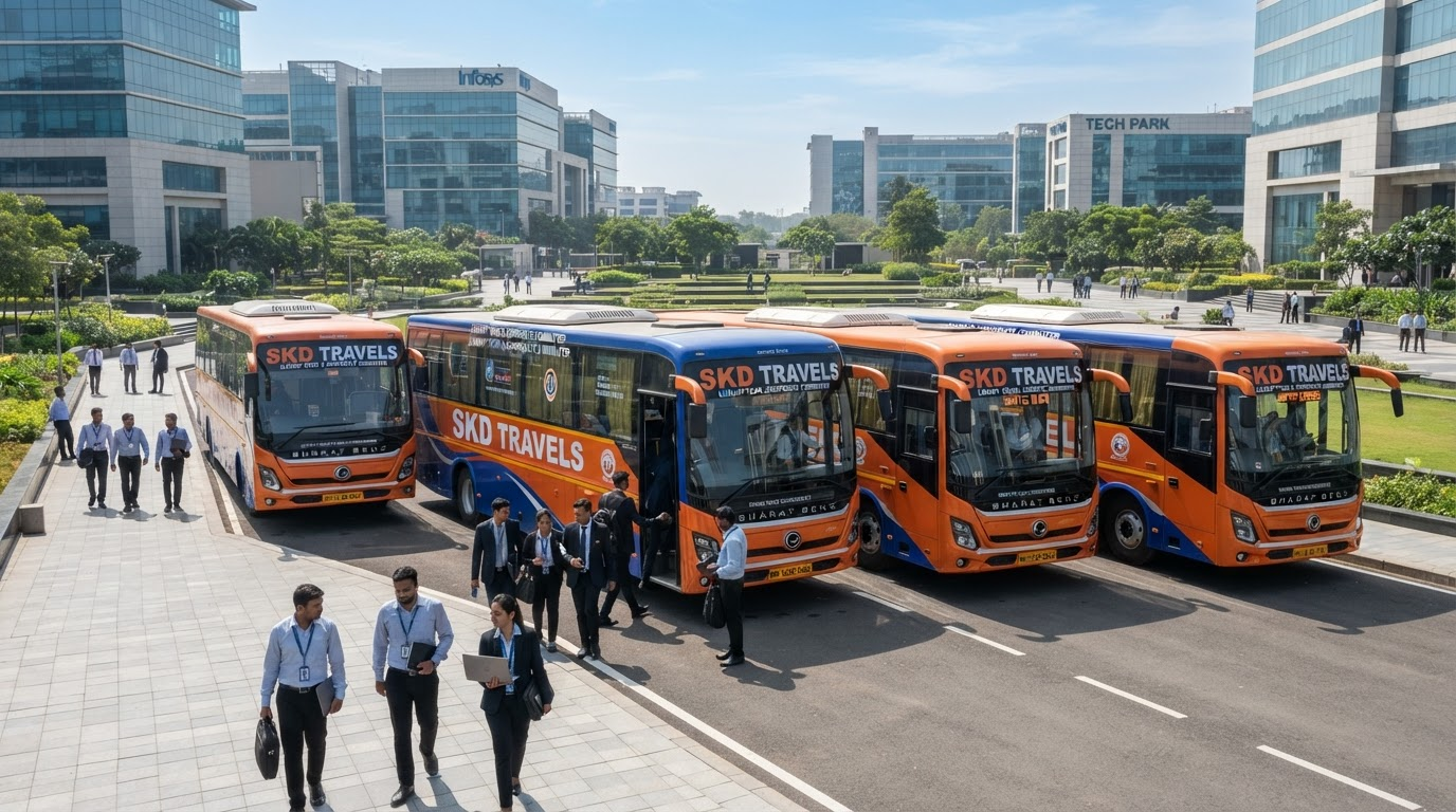 Fleet of SKD Travels corporate commuter buses at a business park with employees boarding