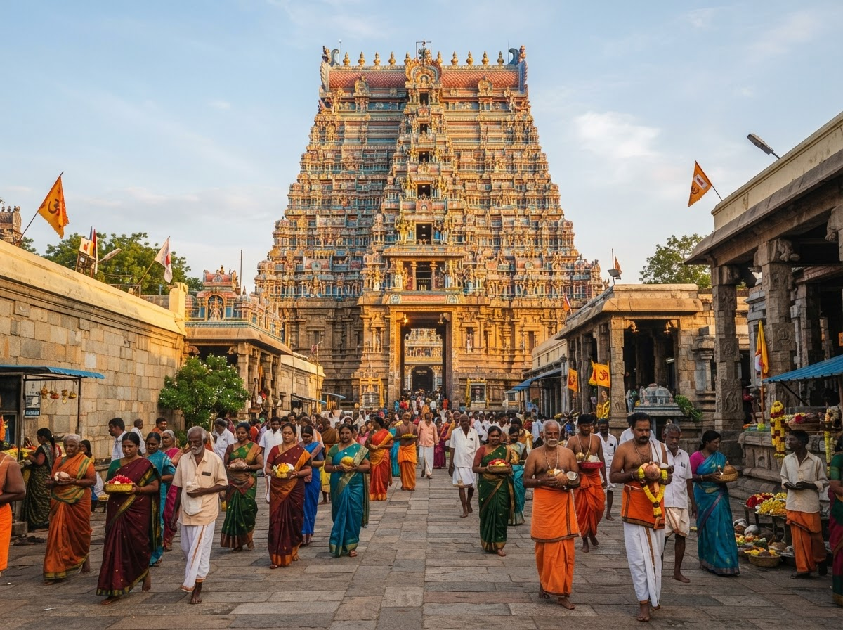 Devotees walking towards a South Indian temple gopuram at sunrise