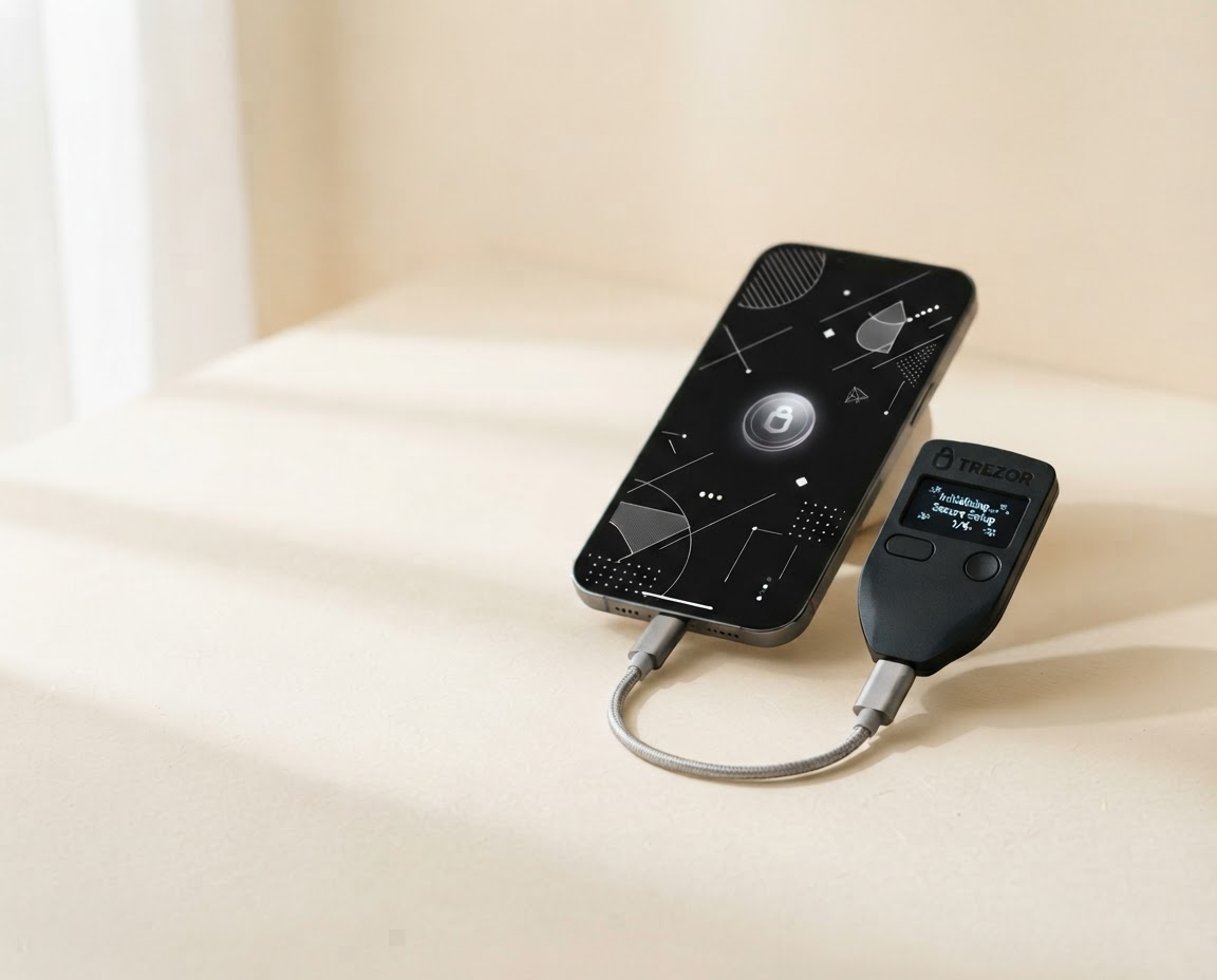A hardware wallet and smartphone arranged in a softly lit studio