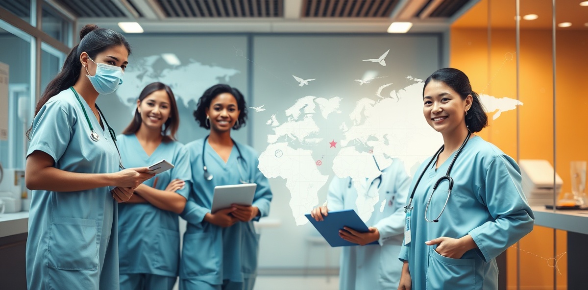 Diverse healthcare nurses in clinical and international settings