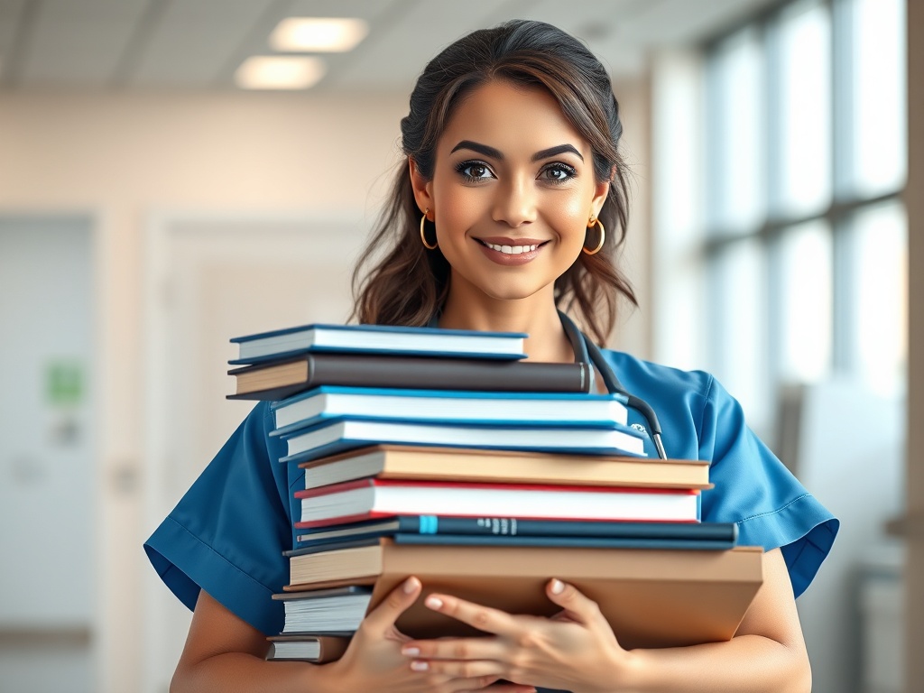 Professional nurse holding medical textbooks