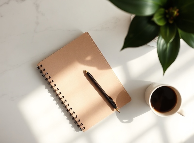 Modern minimalist workspace with healing resources