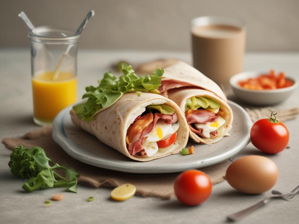 breakfast wrap, eggs, bacon, fresh vegetables