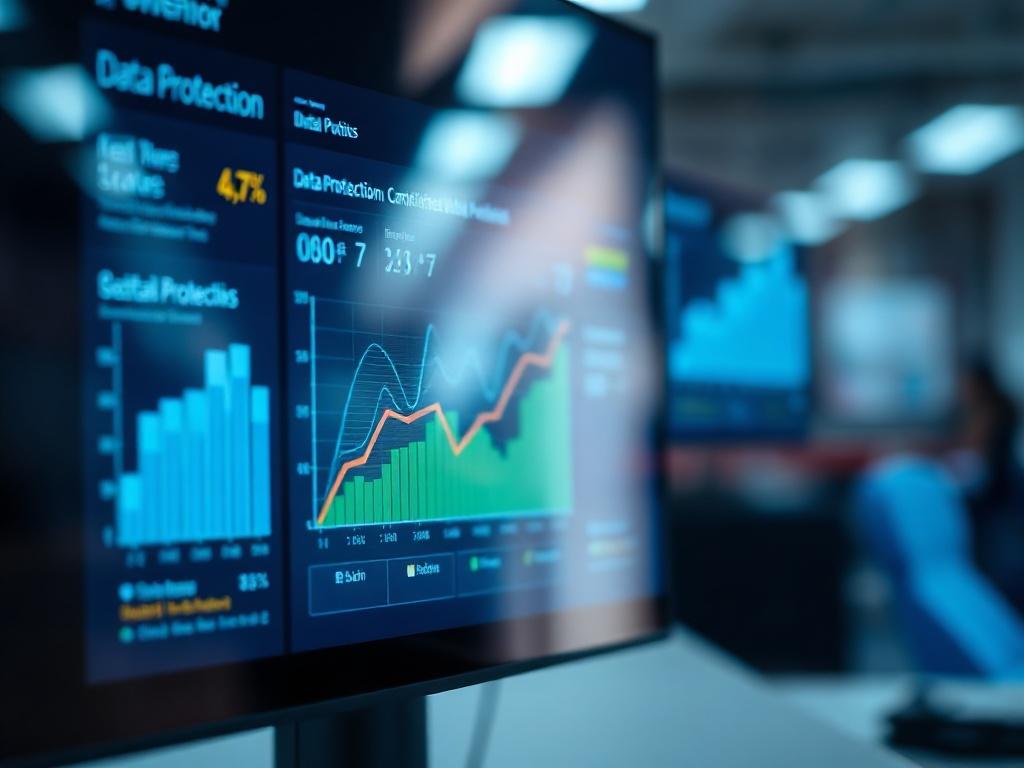 A hyper-realistic close-up shot of a modern digital interface displaying data protection metrics and analytics, with a sleek design and vibrant colors. The background is blurred to emphasize the interface, creating a professional and high-tech atmosphere. The focus is on the screen showing graphs and data points relating to data protection compliance.