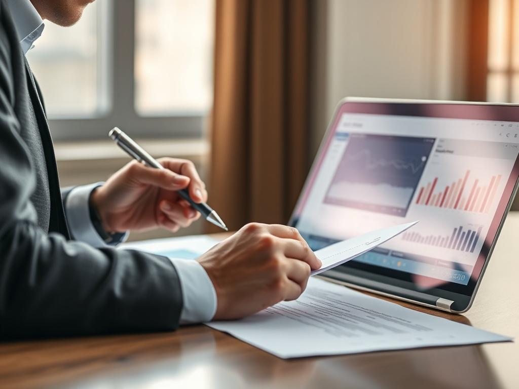 A highly detailed close-up shot of a professional consultant reviewing legal documents related to data protection in a modern office setting. The consultant is focused, with a pen in hand, and a laptop open on the desk, displaying a digital security dashboard. The background is softly blurred to emphasize the consultant and documents, with natural lighting coming through a window.