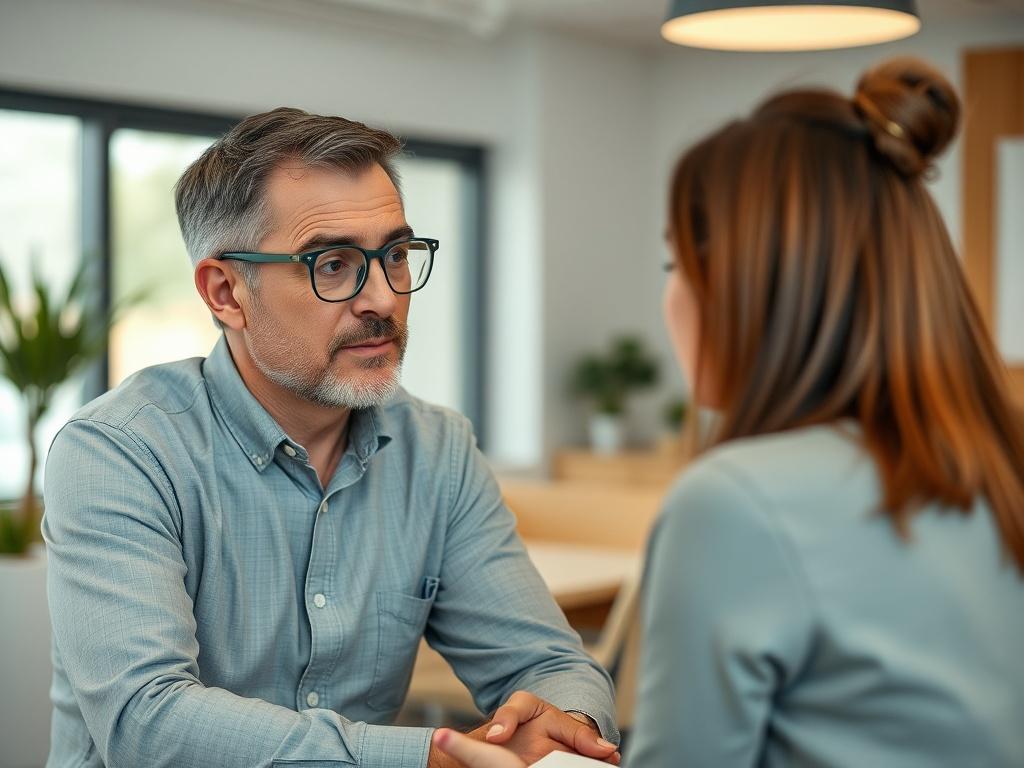 A realistic high-resolution photo of a professional coach engaging with a client in a modern office setting. The coach is a middle-aged man with glasses, sitting across from a young woman, both are focused and engaged in conversation. The background should show a well-lit room with minimalistic decor, emphasizing a calm and inviting atmosphere. The primary color of the image should incorporate shades of green to match the branding, and the depth of field should be shallow to highlight the interaction.