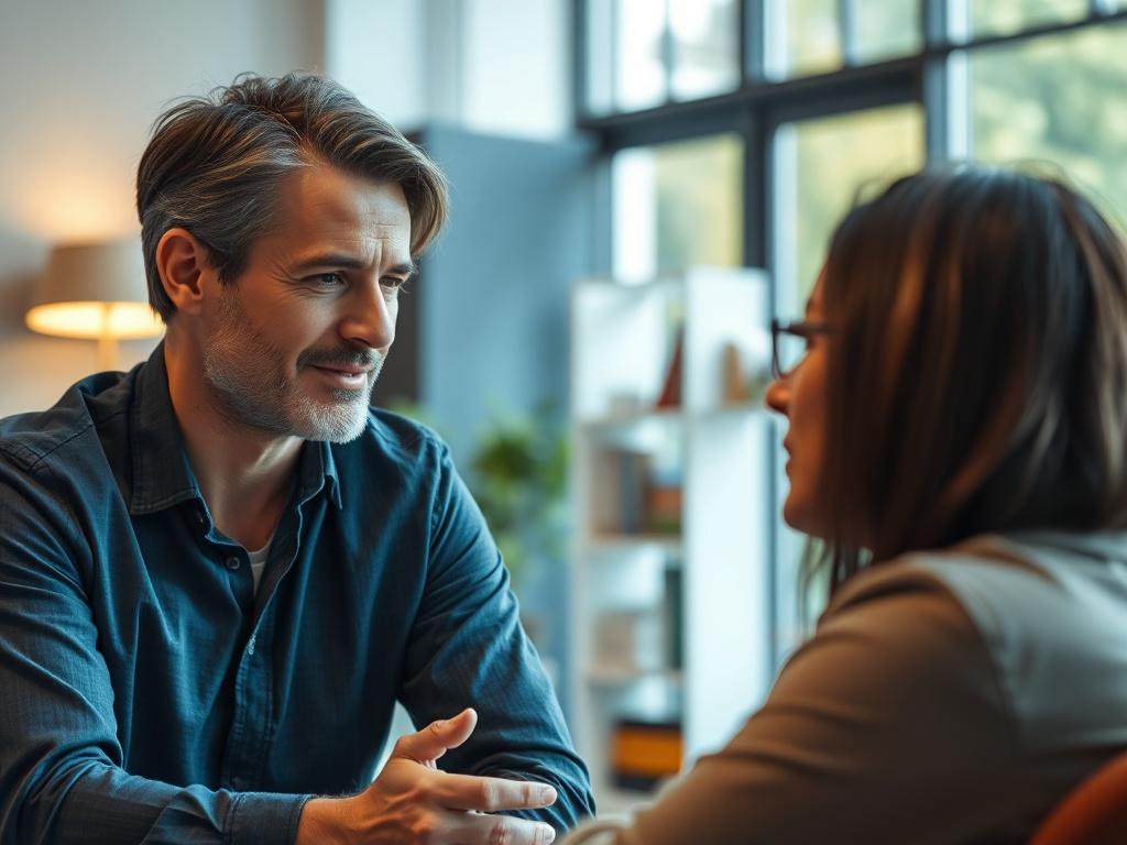 A close-up shot of a professional coaching session in progress, showing a coach and client engaged in a deep conversation, with a warm and inviting office environment in the background, shot with a 45mm f/1.2 lens style, focusing on the expressions of both individuals, with natural light enhancing the atmosphere.