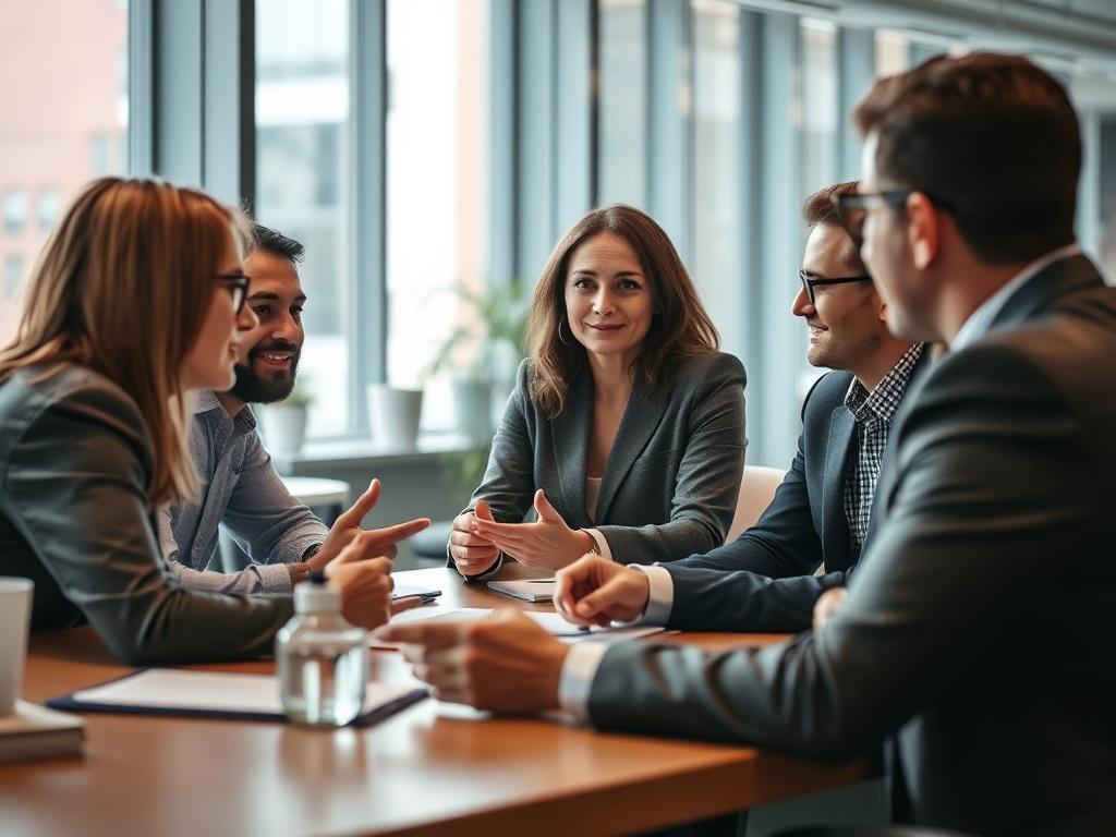 A close-up shot of an organizational development meeting in a modern office, with a coach facilitating a discussion among leaders, highlighting collaboration and strategic planning, shot with a 45mm f/1.2 lens style, showcasing a dynamic and forward-thinking environment.
