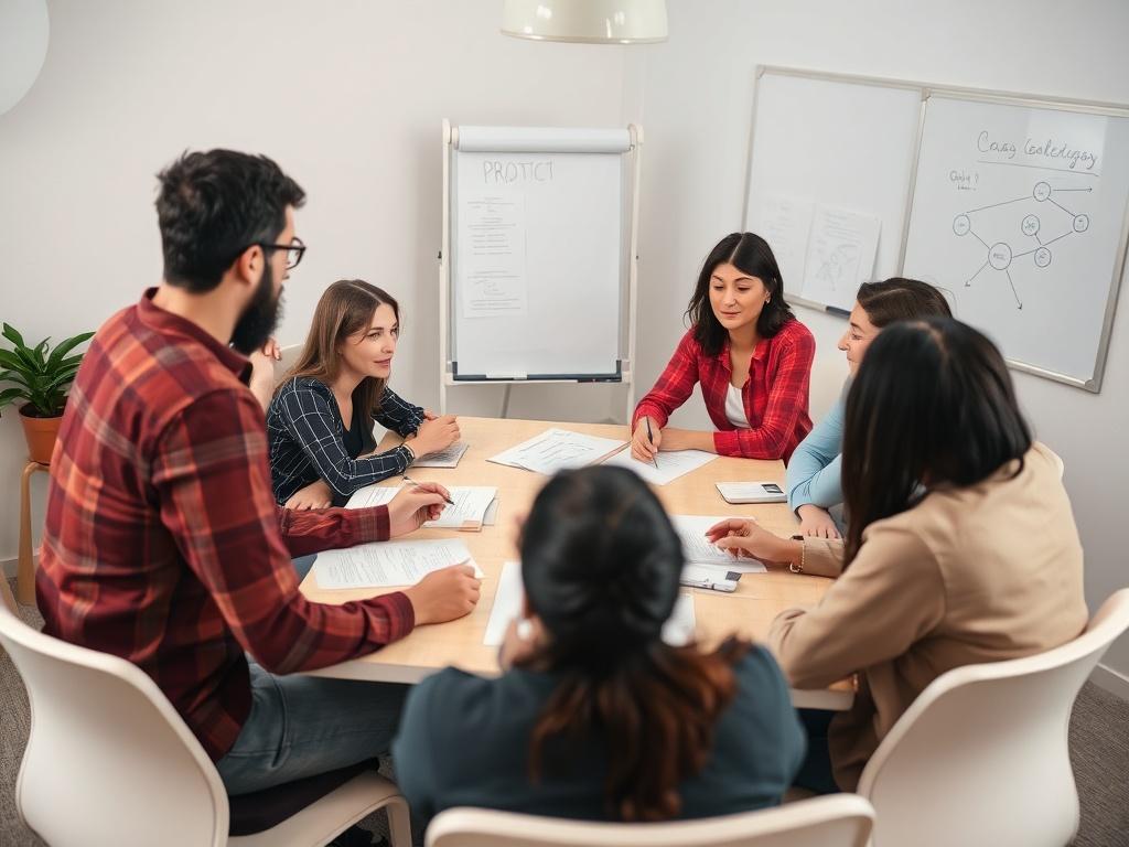 A close-up shot of a diverse team during a coaching workshop, actively collaborating around a table with papers and a whiteboard, emphasizing teamwork and engagement, shot with a 45mm f/1.2 lens style, capturing the energy and focus of the group.
