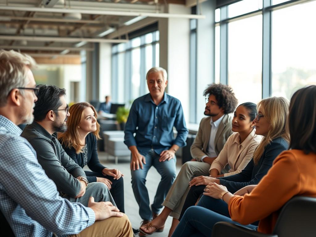 A realistic high-resolution photo of a diverse team engaged in a coaching session. The team is sitting in a circle, with a coach standing in the center, facilitating a discussion. The background is a modern office space with natural light coming through large windows. The focus is on the expressions of engagement and collaboration among the team members, highlighting the dynamics of teamwork and development.