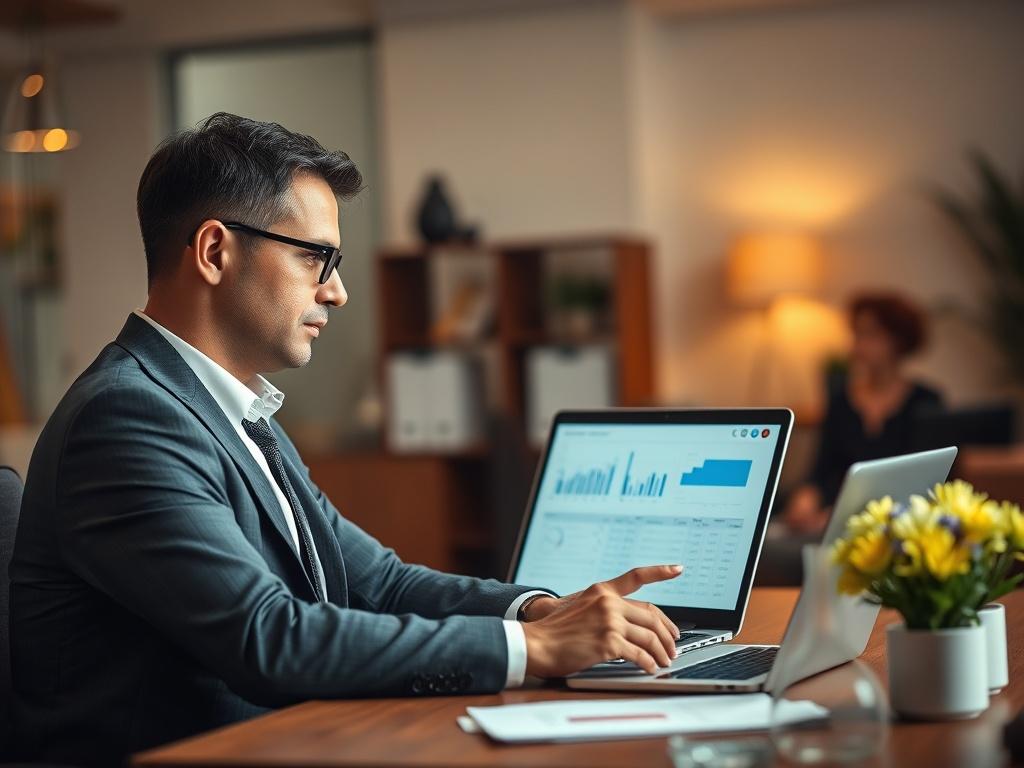 A professional office setting focusing on a close-up of a confident business consultant discussing data privacy with a client. The consultant is seated at a desk with a laptop open, showing data charts. The background is softly blurred, highlighting the interaction. The lighting is warm and inviting, with a primary color of rgb(50, 170, 39) subtly incorporated in the decor.