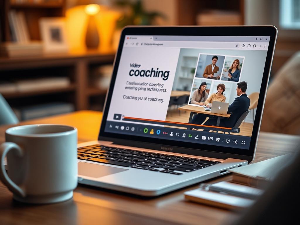 A realistic high-resolution close-up shot of a laptop displaying a video lesson from an online coaching course. The setting is a cozy study with a coffee mug and a notepad beside the laptop. The screen shows engaging visuals related to coaching techniques.