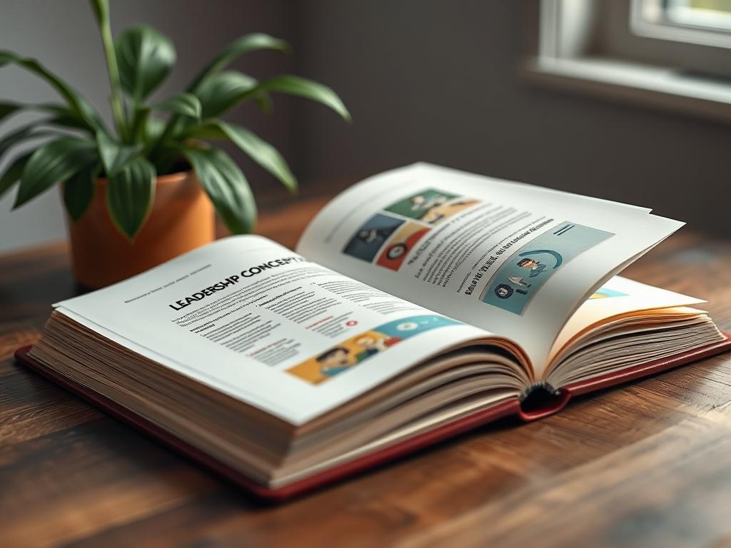 A realistic high-resolution close-up shot of an open e-book on a wooden desk, with a green plant in the background. The e-book displays leadership concepts visually, with vibrant graphics and text. The lighting is soft, highlighting the e-book's pages, creating an inviting atmosphere.