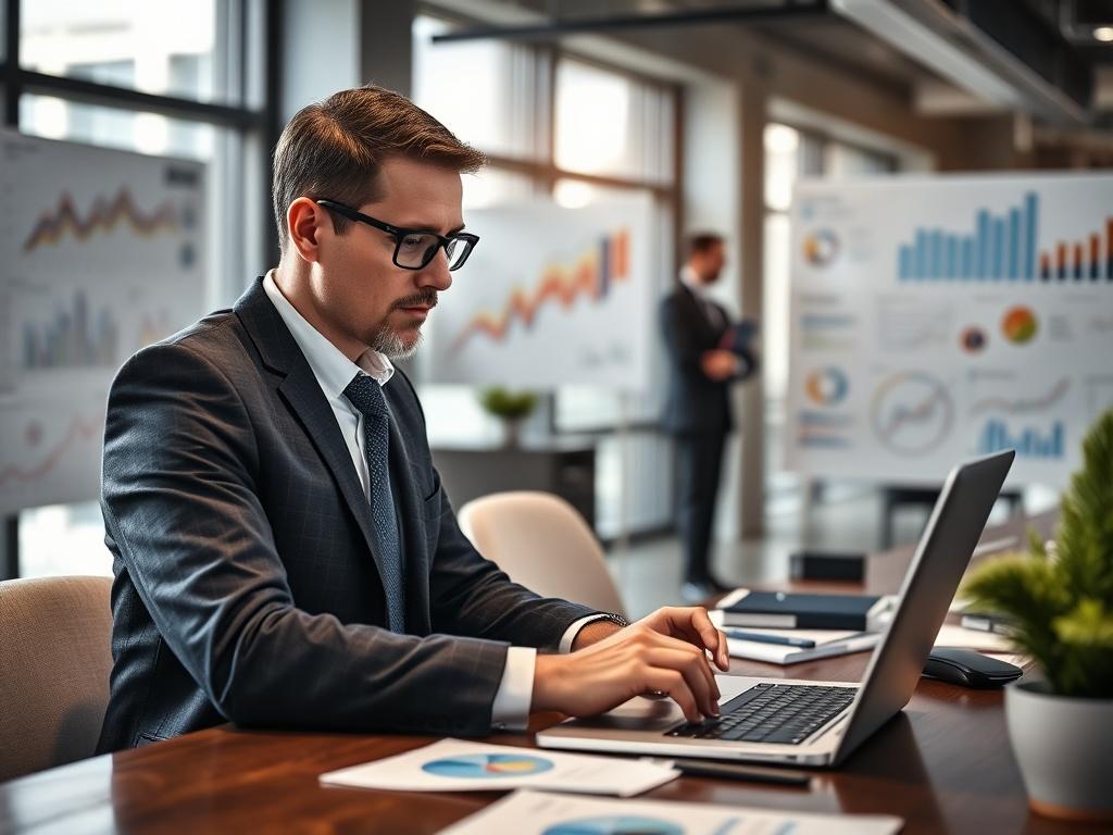 A professional HR manager analyzing data on a laptop in a modern office, surrounded by charts and graphs, symbolizing strategic workforce planning.