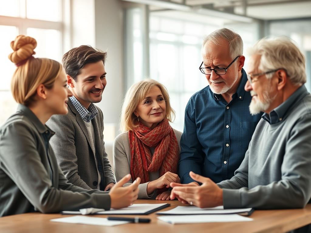 A realistic high-resolution photo of a diverse group of professionals representing different generations (young adult, middle-aged, and senior) engaging in a constructive discussion in a modern office setting. The background should be bright and inviting, showcasing a collaborative workspace with natural light. The focus should be on their expressions of understanding and cooperation, highlighting the theme of intergenerational collaboration. Use a close-up shot to capture the emotions and engagement among 