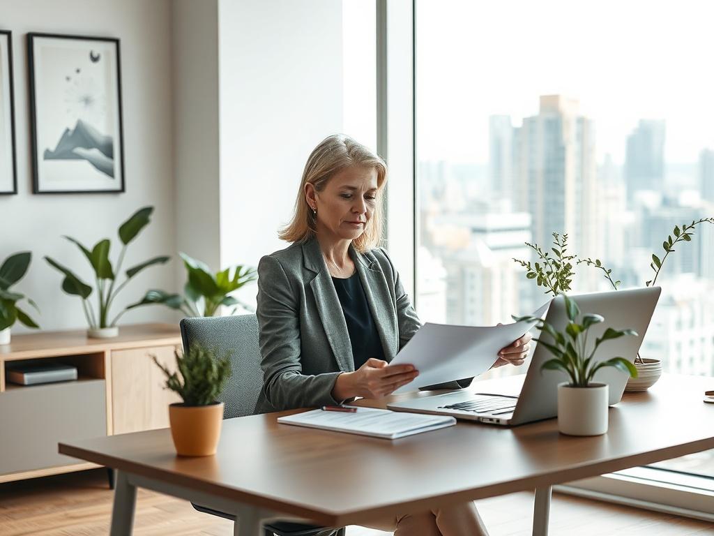 **Prompt for AI Image Generator:**

Create a hyper-realistic, high-resolution photo that embodies the theme "Klarheit in komplexen Strukturen." The composition should be simple and clear, focusing on a single subject: a middle-aged professional woman seated at a modern, minimalist desk in a well-lit office environment. She is reviewing documents and displaying a thoughtful expression, symbolizing clarity and focus in her work. 

In the background, there should be a large window with natural light streaming 