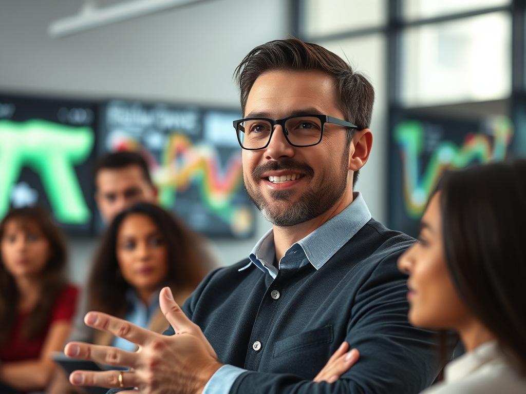 A close-up shot of a confident leader presenting in front of a team, with engaging visuals behind them. The setting should reflect a professional environment, with attentive team members actively participating. The lighting should be bright, highlighting the leader's charisma and authority.