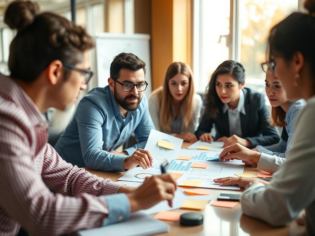 A close-up shot of a diverse group of professionals in a meeting room, collaborating on a project with charts and post-it notes around them. The atmosphere should convey teamwork and innovation, with a bright and engaging background that reflects a modern office setting.