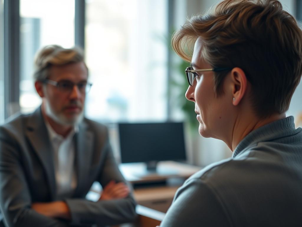 A close-up shot of a person in a serene office setting, engaged in a deep conversation with a coach. The background should be blurred, focusing on their expressions, showcasing a sense of clarity and insight. The lighting should be warm and inviting, emphasizing the personal connection and trust between the coach and the client.