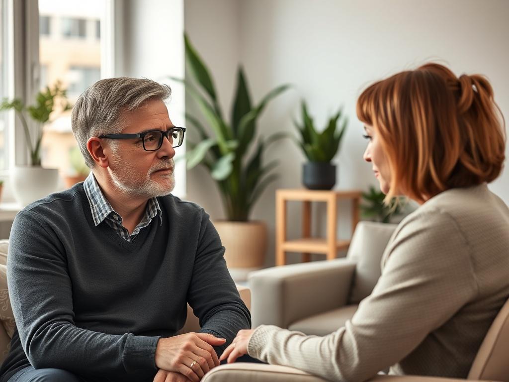 A close-up shot of a serene coaching session in a bright, modern office. The image should focus on a thoughtful coach listening actively to a client, with a warm and inviting atmosphere. The background should be simple, showcasing a well-organized workspace with plants, soft lighting, and comfortable furniture.