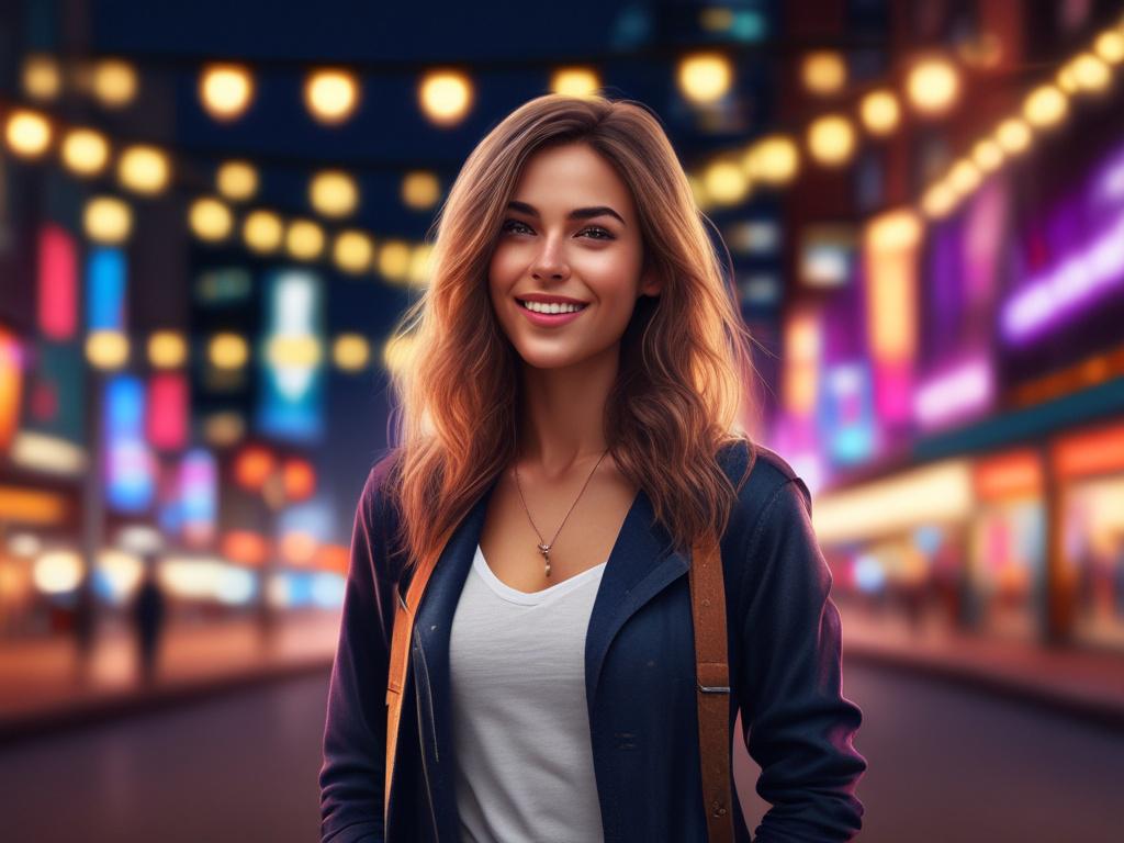 A beautiful young woman in stylish attire, standing confidently with