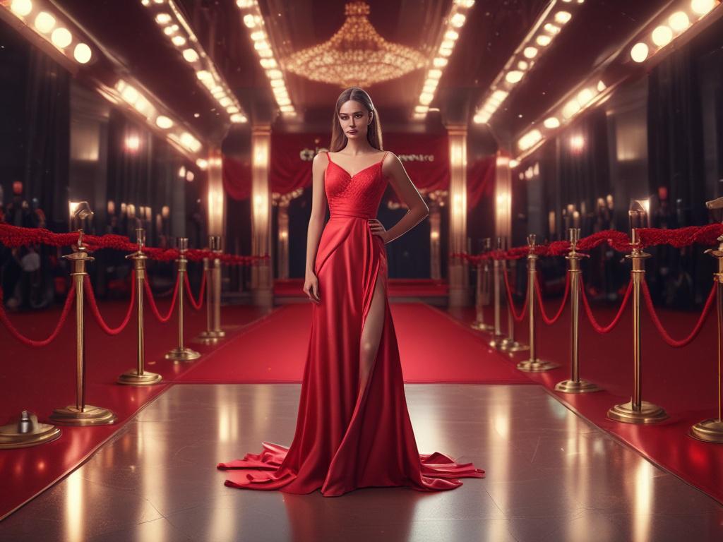 A glamorous woman with striking features, dressed in a stunning