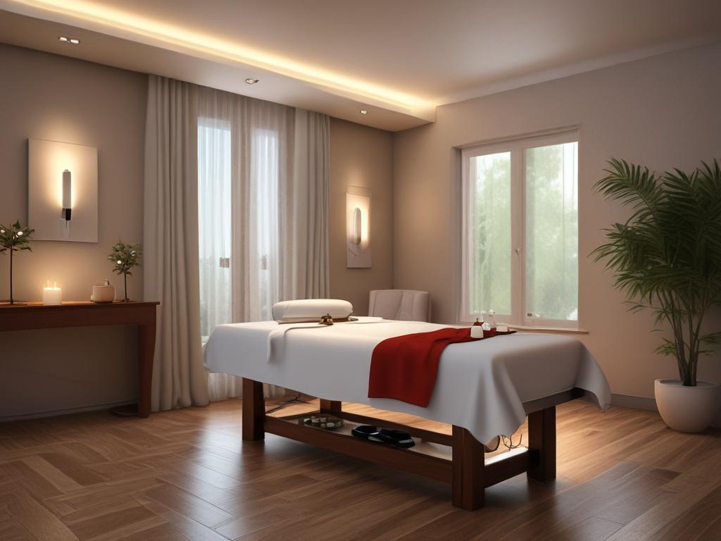An elegant setting with soft lighting and comfortable massage table,