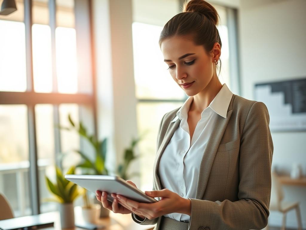 Create a realistic high-resolution photo that captures the essence of maximizing ROI with ElitePlus+. The focal point should be a professional, confident businesswoman in a modern office setting, examining financial data on a digital tablet. She should be mid-action, closely analyzing numbers and graphs, conveying a sense of determination and focus. 

The background should showcase a sleek, contemporary office design, featuring a large window with sunlight streaming in, giving a warm and inviting atmosphere