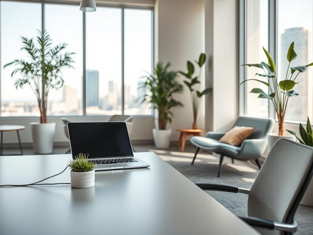 A serene office space designed with the Workjoy™ approach, featuring comfortable seating, natural light, and greenery. The image highlights a minimalist desk with a laptop, a cozy lounge chair, and a large window with a view of the city skyline. The colors are soft and inviting, creating a productive yet relaxing atmosphere. The foreground focuses on a stylish desk with a plant, while the background showcases a bright, airy environment that encourages collaboration and well-being.