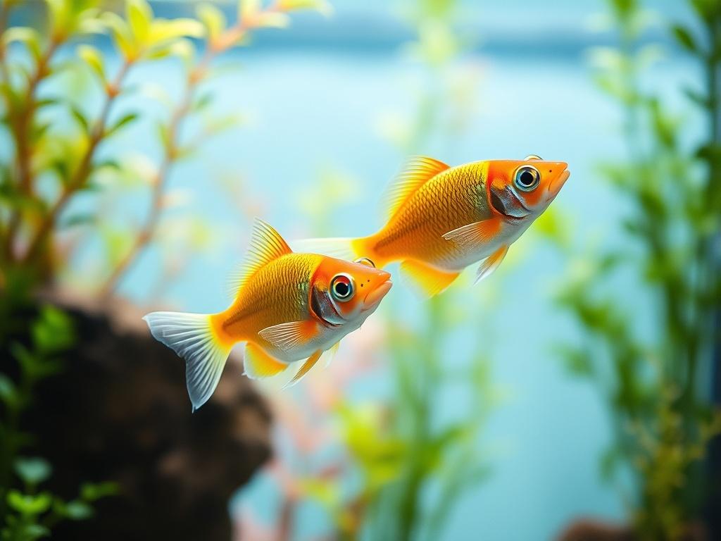A hyper-realistic photo of two small, vibrant fish swimming together in a clear, bright aquarium. The background features lush underwater plants, creating a serene and optimistic ambiance. The lighting highlights the colors of the fish and the details of the plants, conveying a sense of life and potential. The composition focuses solely on the two fish, illustrating collaboration and growth in a tech-inspired environment.