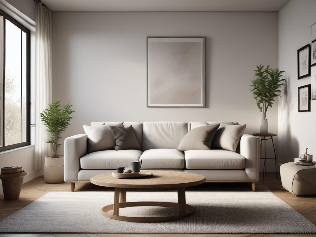 a serene living room with soft textures, natural light, and minimalist decor, captured in high-resolution with a 45mm f/1.2 lens, simple and clear composition.