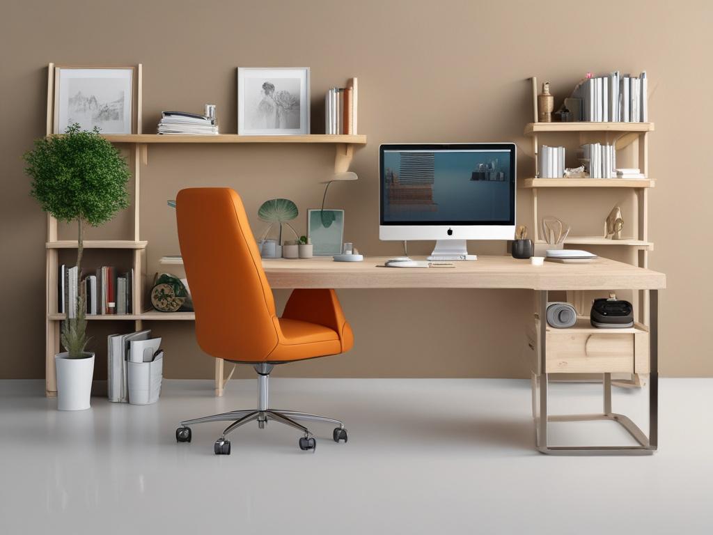 a dynamic workspace featuring adjustable furniture, natural materials, and an open layout, captured in high-resolution with a 45mm f/1.2 lens, simple and clear composition.