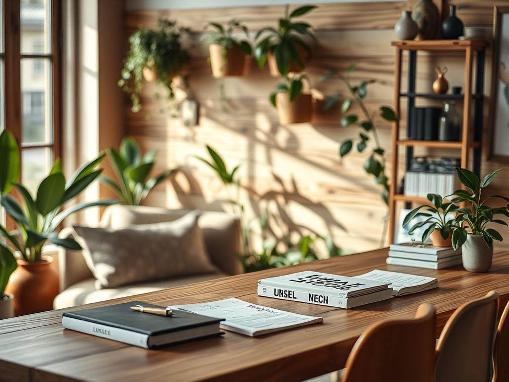 A hyper-realistic close-up shot of a beautifully designed workspace featuring natural elements, such as plants and wood textures. The composition should focus on a cozy seating area with soft lighting, and a stylish desk with design books and stationery. The background should be softly blurred to highlight the workspace, capturing a warm and inviting atmosphere, shot with a 45mm f/1.2 lens.