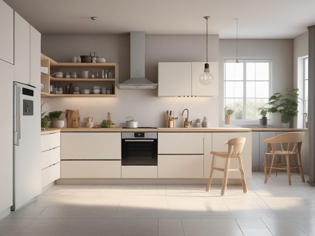 a clean and organized kitchen with soft lighting, neutral colors,