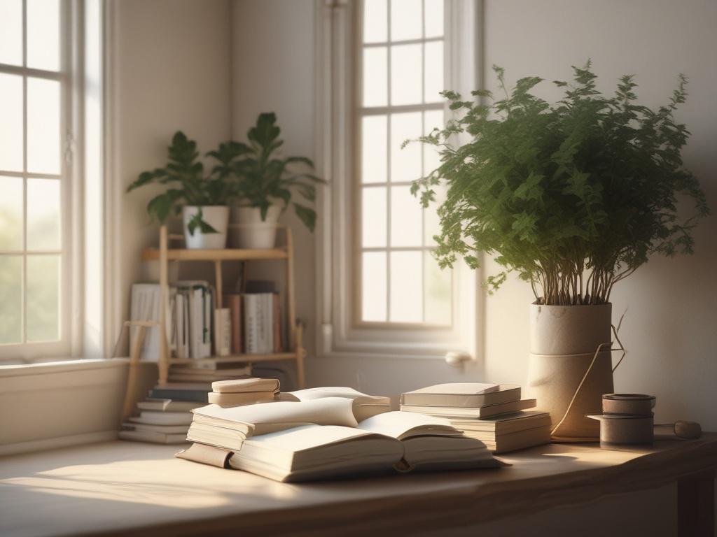 a tranquil study space with books and plants, soft natural