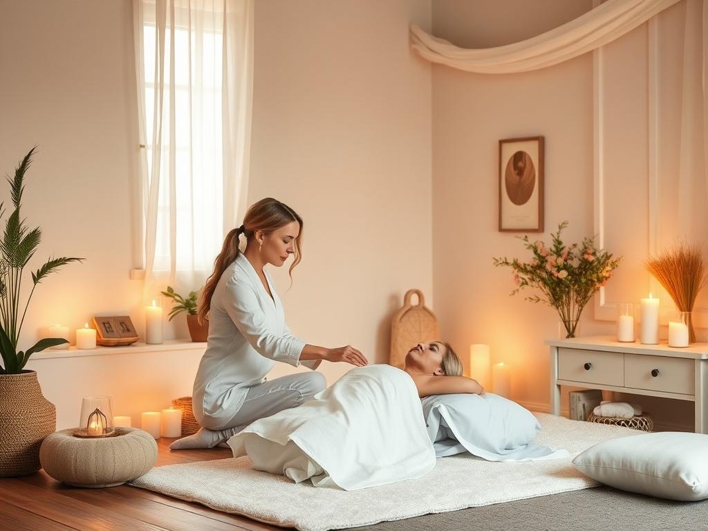 An inviting and tranquil therapy room with soft lighting and