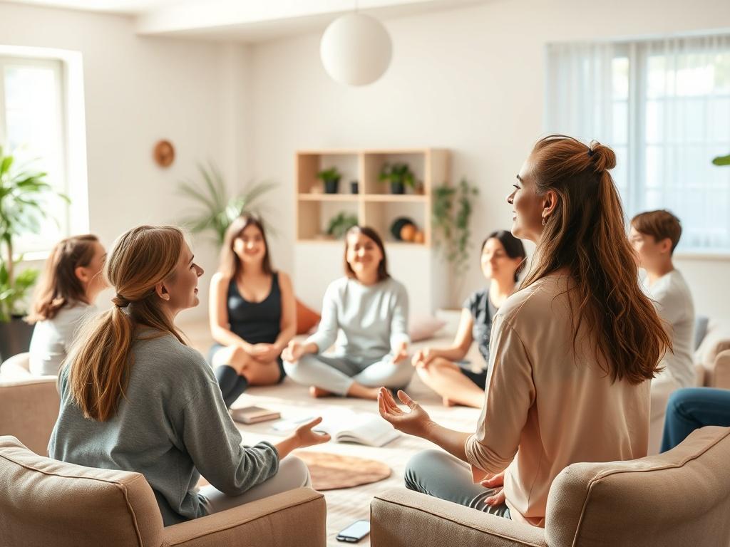 A vibrant workshop environment filled with participants engaged in mindfulness