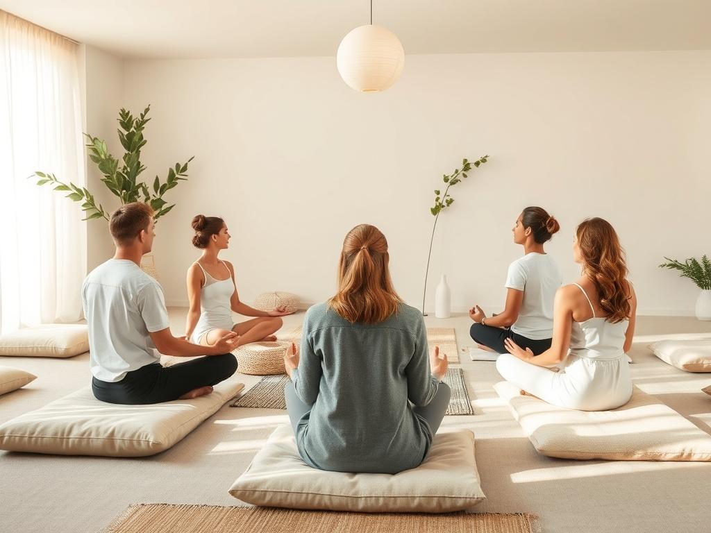 A serene meditation space with soft cushions and gentle lighting
