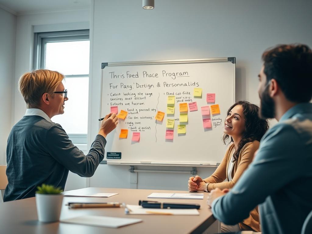 An organized workspace with a facilitator writing on a whiteboard,