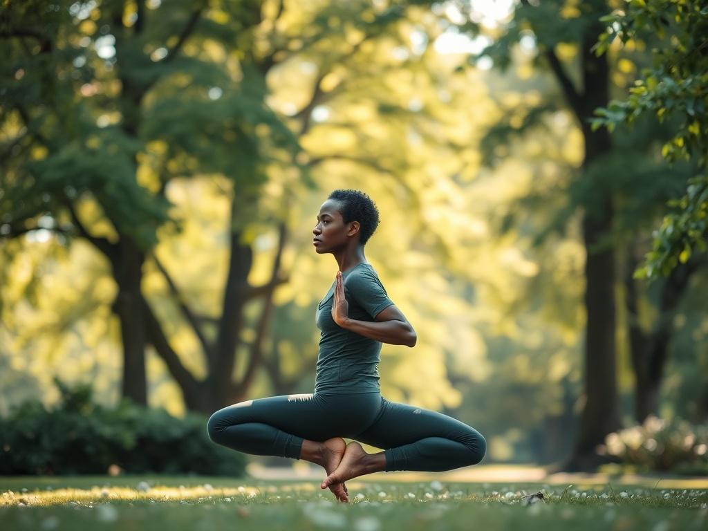 Create a realistic high-resolution photo that encapsulates the theme "The Power of Mind-Body Connection." The composition should feature a serene, peaceful outdoor setting, perhaps a tranquil park or a sunlit forest. The single subject in the image is a diverse individual practicing a gentle yoga pose, such as Tree Pose or Lotus Pose, to symbolize balance and harmony between mind and body. 

The subject is centered in the frame, positioned in profile to highlight the fluidity and grace of their movements. T