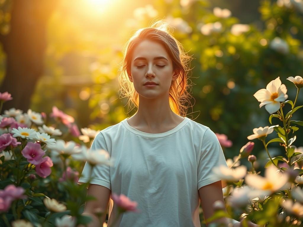 An individual meditating in a peaceful garden, surrounded by blooming flowers, soft sunlight illuminating their face, conveying a sense of harmony and balance.
