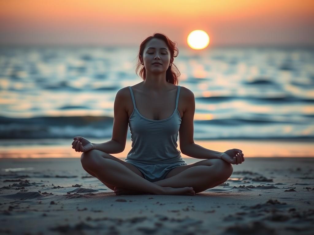 A calming image of a person sitting cross-legged on a beach at sunset, peaceful expression, gentle waves in the background, warm colors creating a serene ambiance.