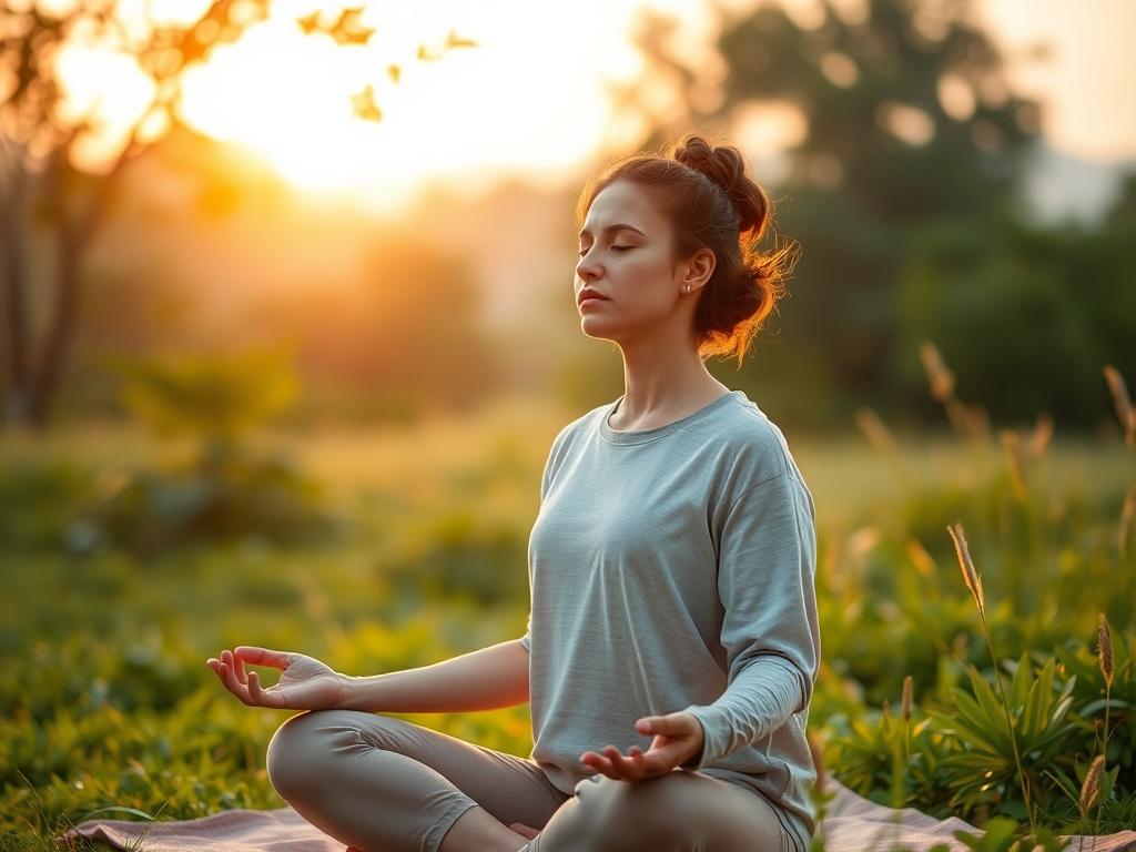 A calming and inviting image of a person practicing meditation outdoors at dawn, surrounded by lush greenery and soft morning light. The subject appears serene and focused, embodying the essence of daily mindfulness and transformation.